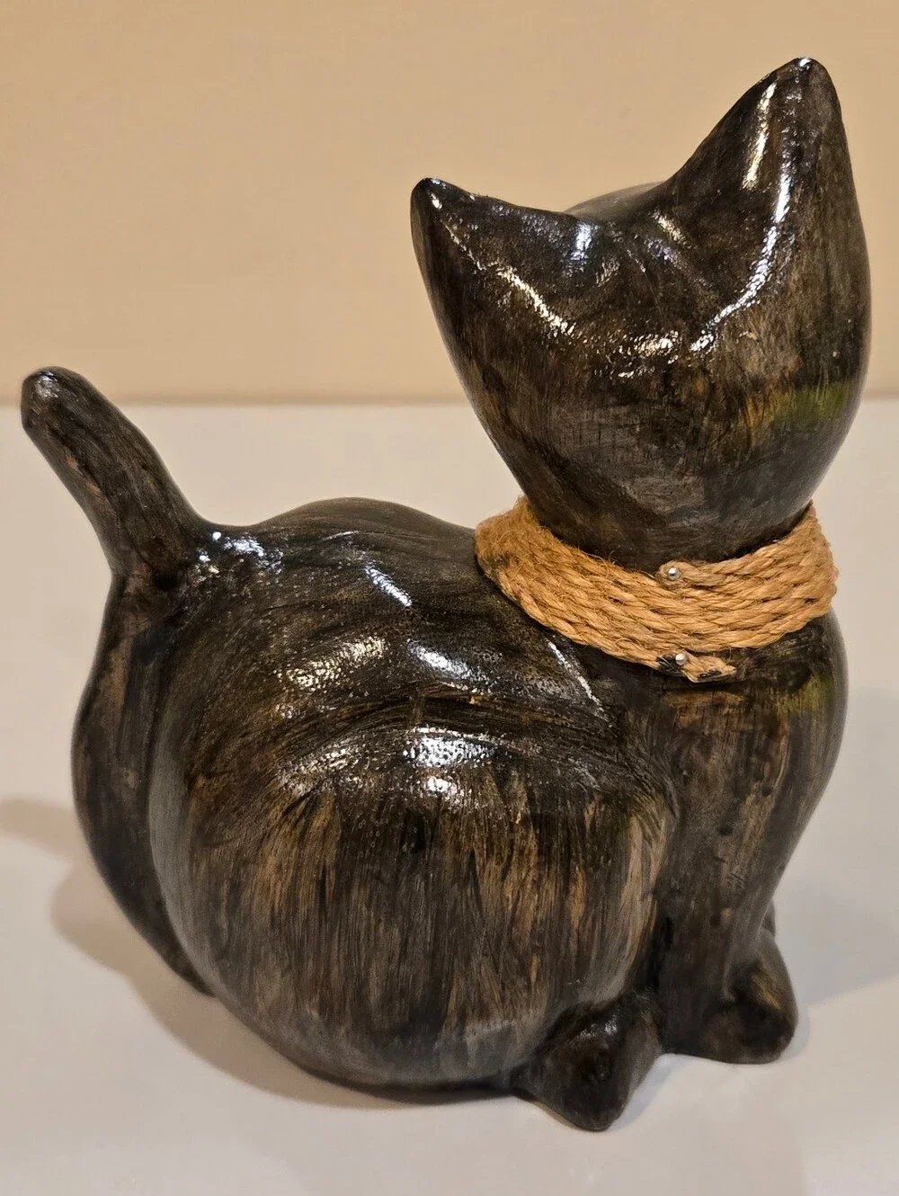 Decorative Hand Carved Cat Figurine with Rope Collar - Pet Home Accent